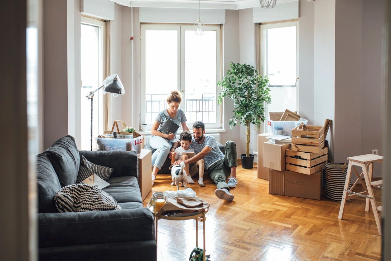 family sitting in living room